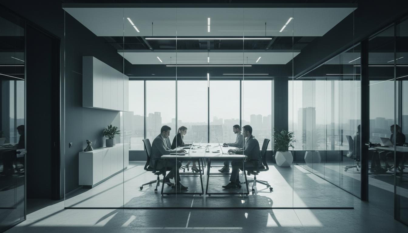 Modern office workspace with team collaborating